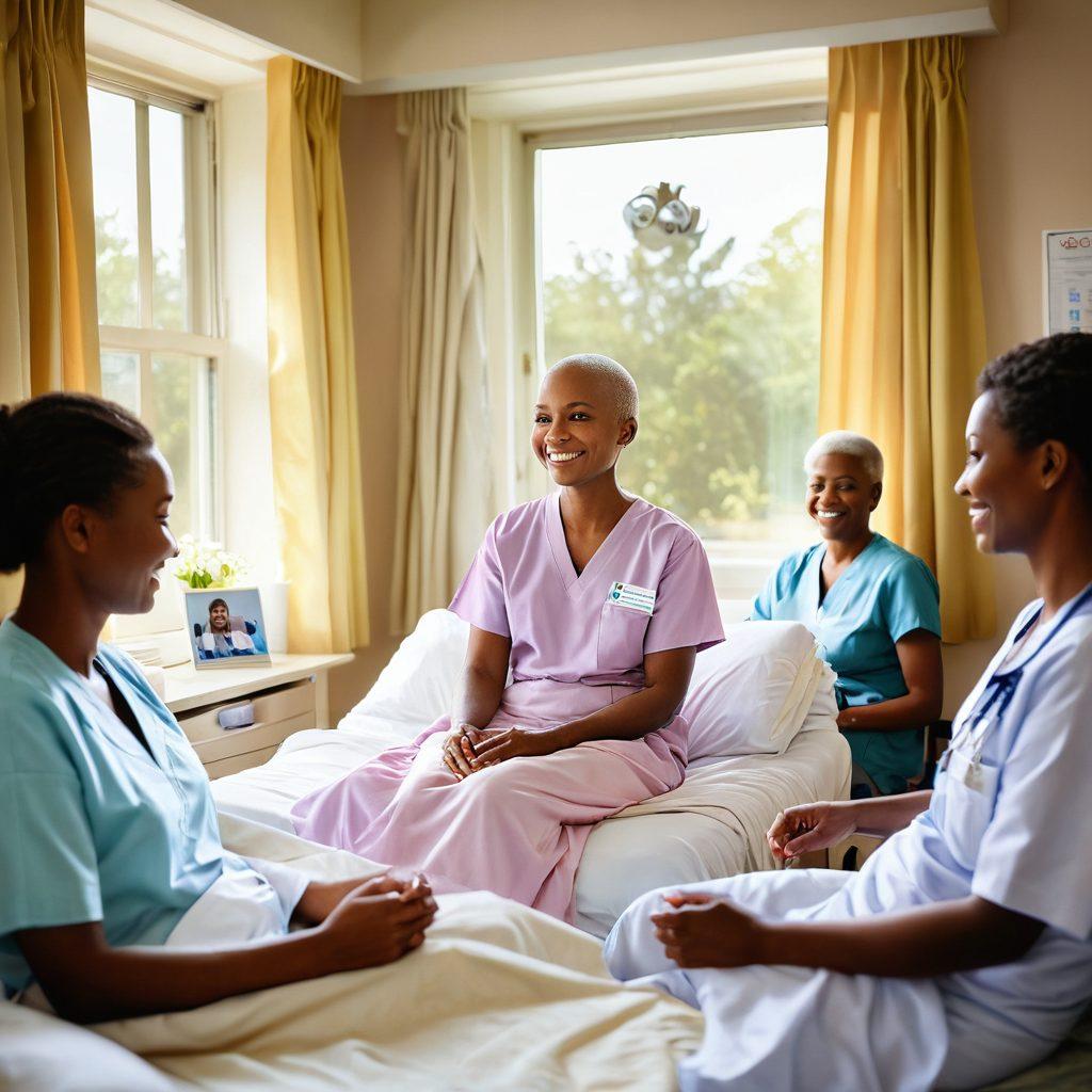 A serene hospital room featuring a smiling cancer patient sitting comfortably in a bed, surrounded by supportive family members holding hands, with a healthcare professional discussing recovery resources in the background. Include vibrant sunlight filtering through the window, casting warm light over a 'Get Well Soon' card on the bedside table. Emphasize a sense of hope and togetherness. super-realistic. vibrant colors.