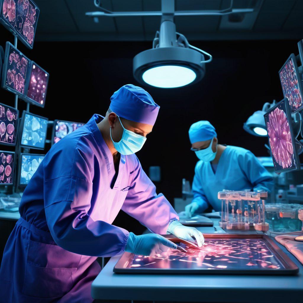 An intricate operating room scene showcasing a skilled surgeon performing a cutting-edge oncological procedure, surrounded by advanced surgical tools and glowing monitors displaying cancer cell images. The atmosphere should convey a sense of precision and innovation, with surgeons in modern attire collaborating. Bright, focused lighting contrasts with the darker background, emphasizing the intense focus on cancer treatment. super-realistic. vibrant colors. 3D.